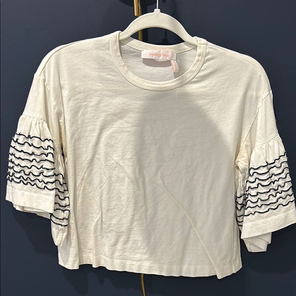 See By Chloe Cream Crop Ruffled Short Sleeve T-shirt
